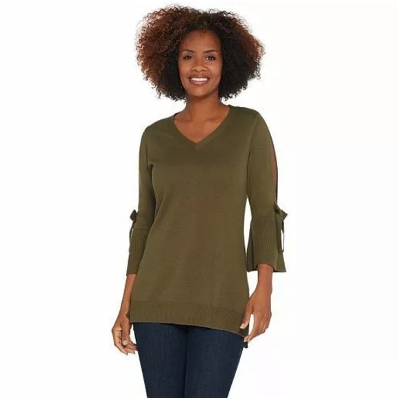 ISAAC MIZRAHI LIVE V- NECK SPLIT TIE SLEEVE TUNIC SWEATER PLUS SIZE 2X GREEN - Picture 12 of 12